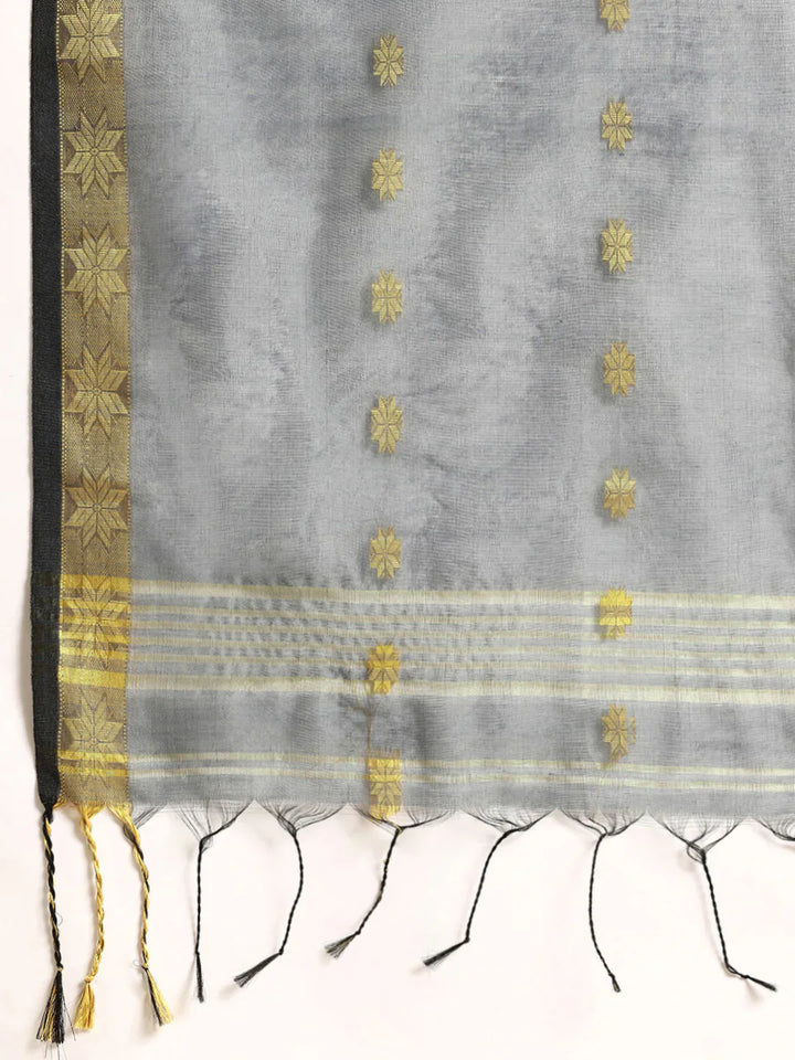 Magenta and Grey Zari Buti Silk Cotton Saree with Zari Border and Blouse Piece