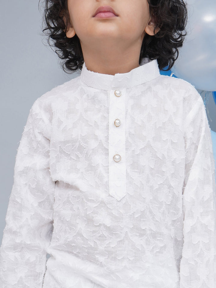 Boys Cotton Full Sleeves Self Weaving Kurta with Dhoti and Pearl Buttons - White | SHOBITAM
