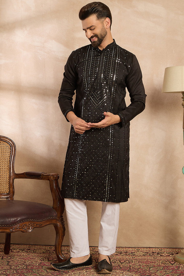 Black Silk Blend Geometric Embroidered Straight Kurta | SHOBITAM