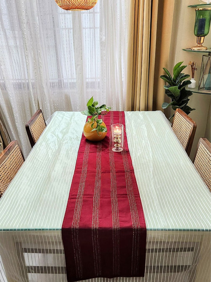 Maroon Zari Kantha Stitch Cotton dining Table Runner | SHOBITAM