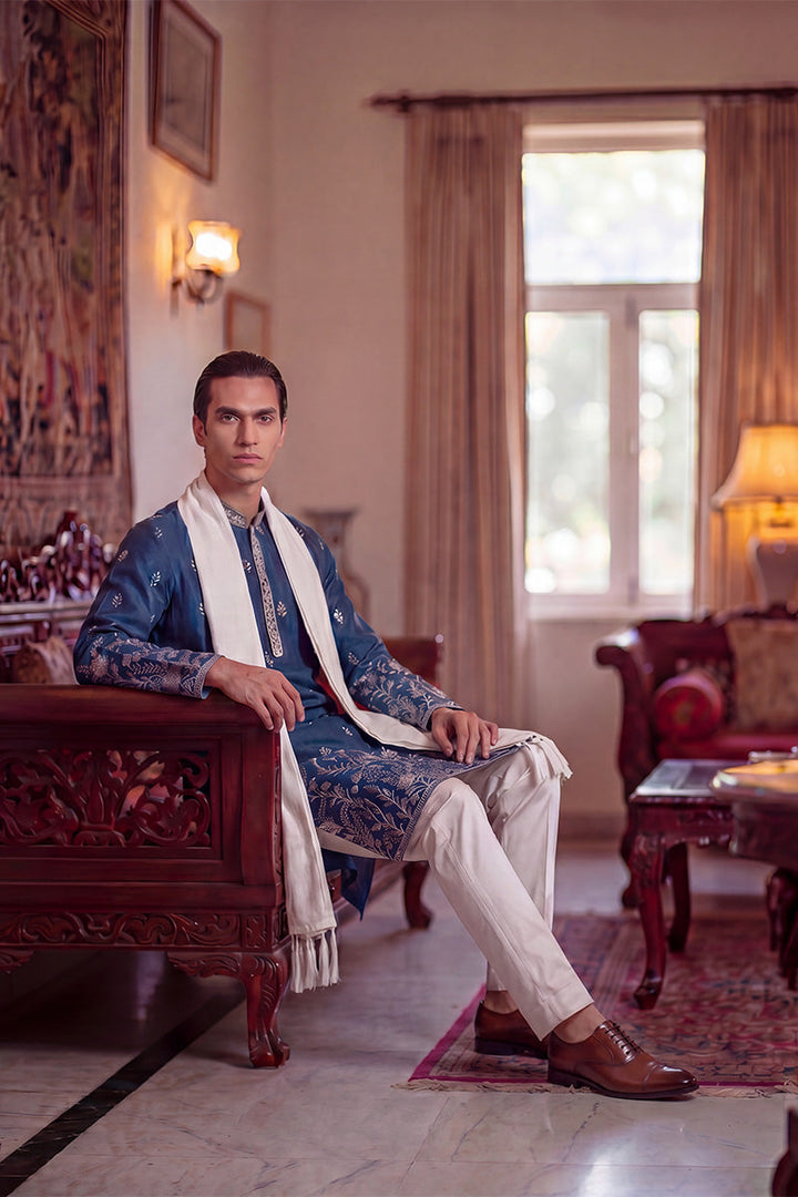 Men Blue Chanderi Silk Solid Embroidered Straight Kurta Trouser with Dupatta  | SHOBITAM