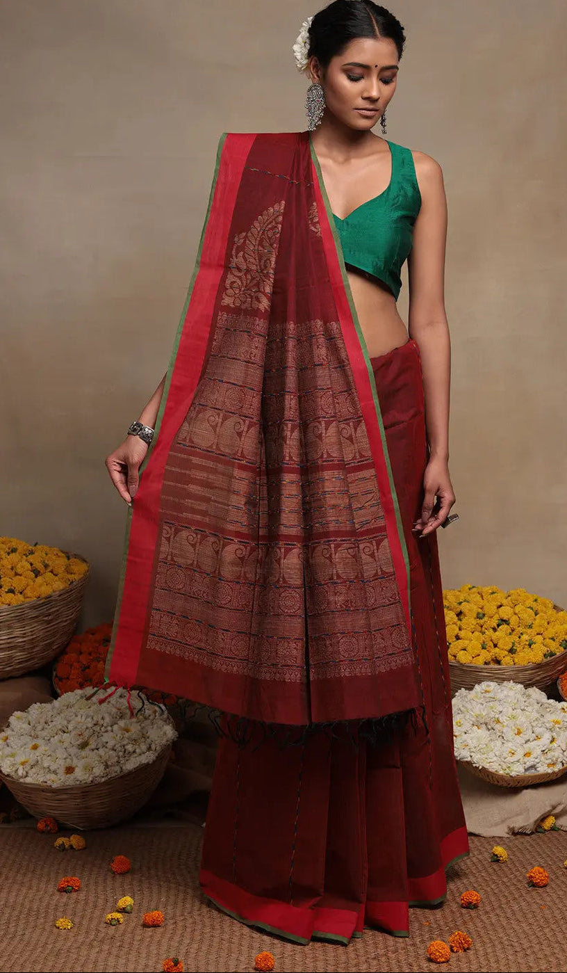 Traditional Maroon Handloom Cotton Kanchi Saree | SHOBITAM