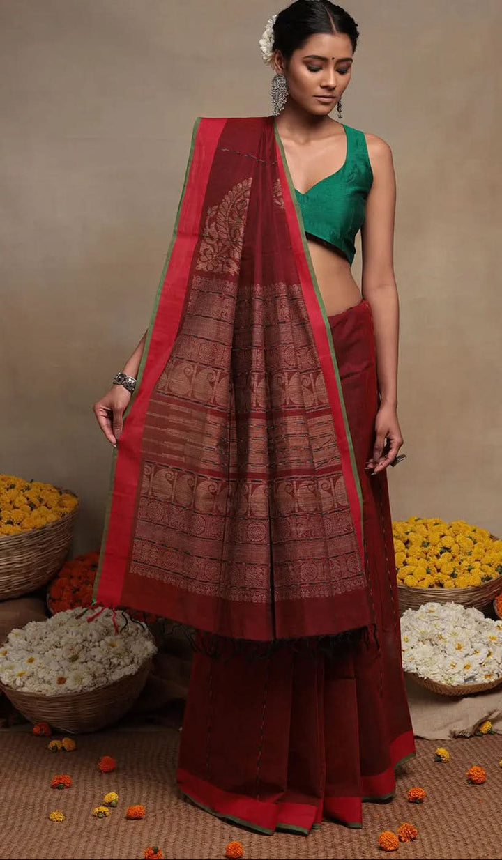 Traditional Maroon Handloom Cotton Kanchi Saree | SHOBITAM