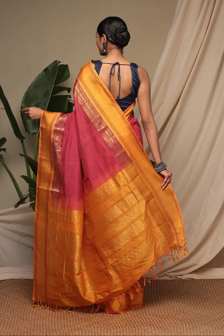 Handloom Candy Red Pure Cotton Kanchi Saree With Pure Silk Border And Pallu | SHOBITAM