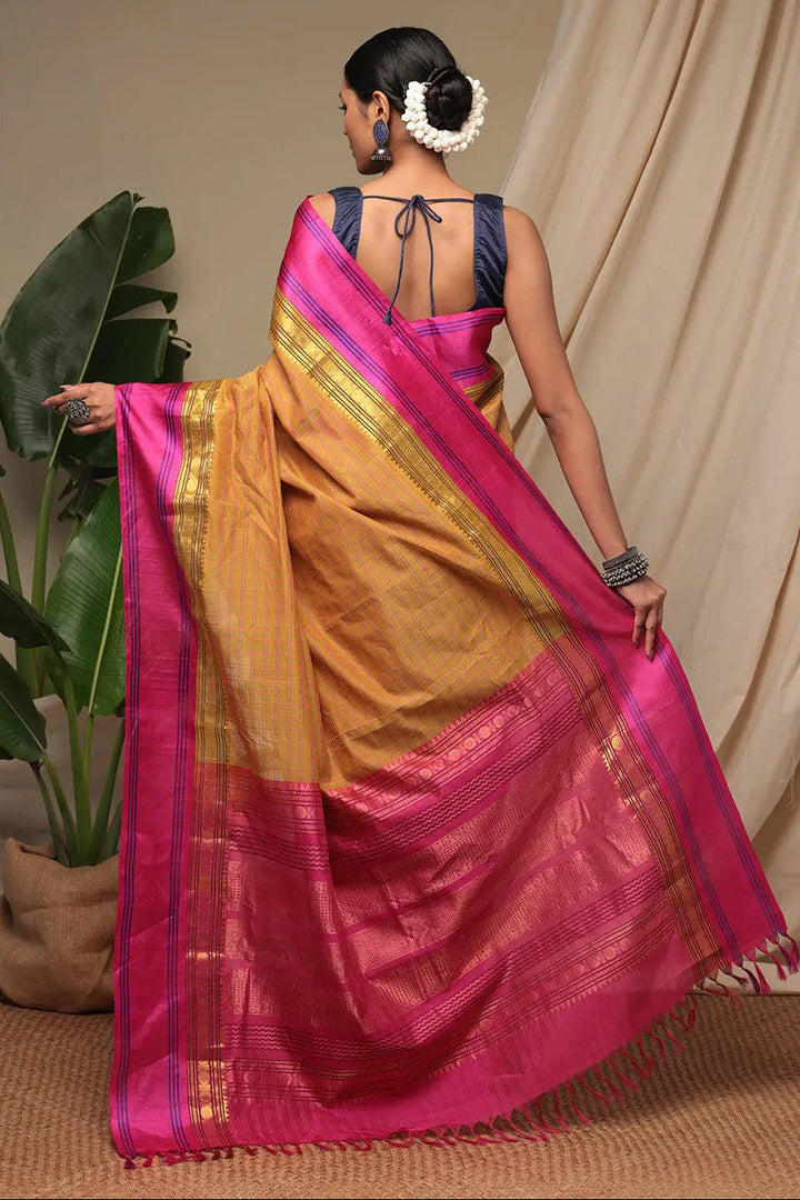 Handloom Honey Yellow Pure Cotton Kanchi Saree With Pure Silk Border And Pallu | SHOBITAM