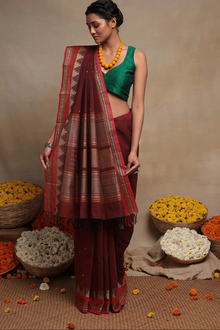Maroon Handloom Pure Cotton Kanchi Saree | SHOBITAM