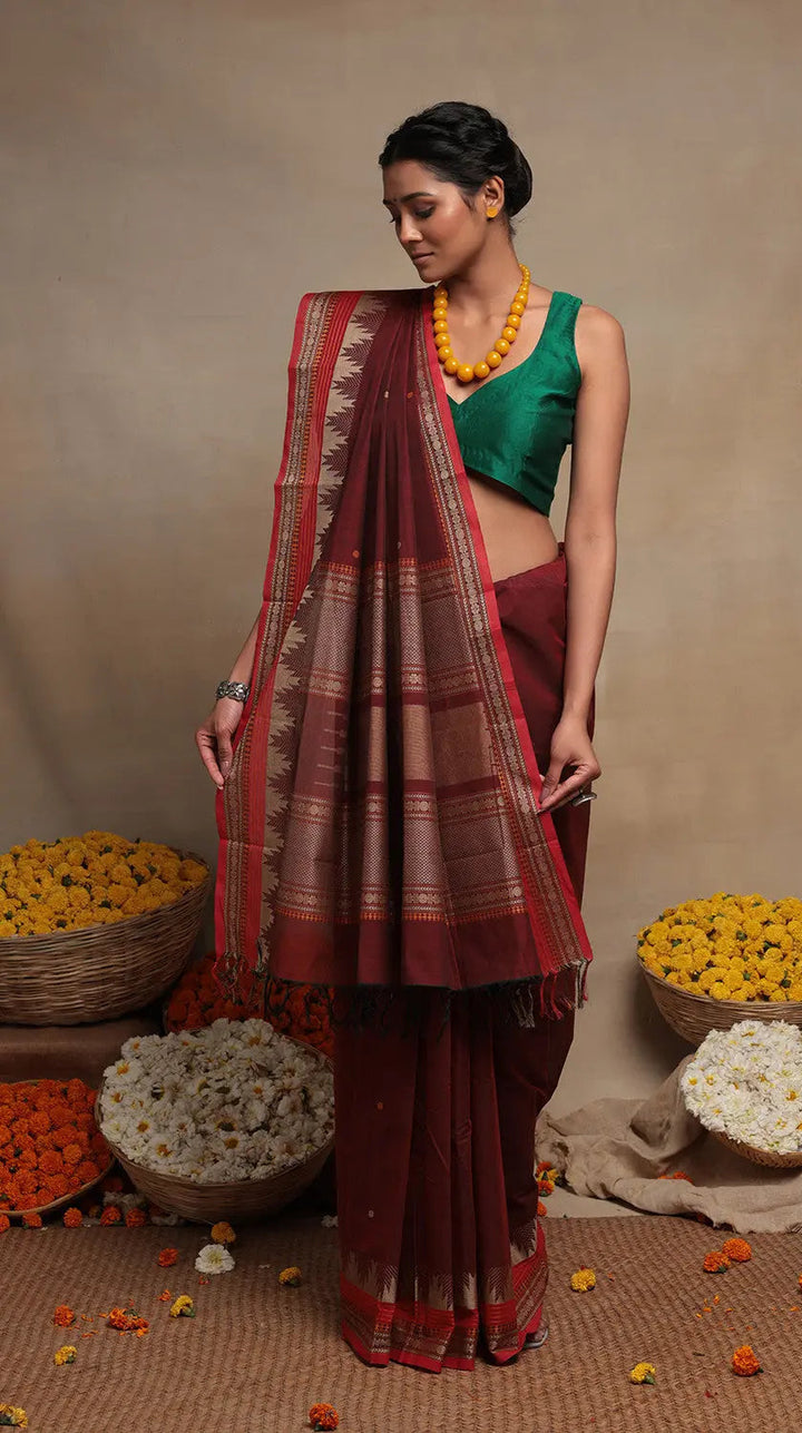 Maroon Handloom Pure Cotton Kanchi Saree | SHOBITAM