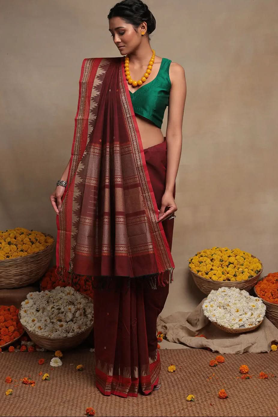 Maroon Handloom Pure Cotton Kanchi Saree | SHOBITAM