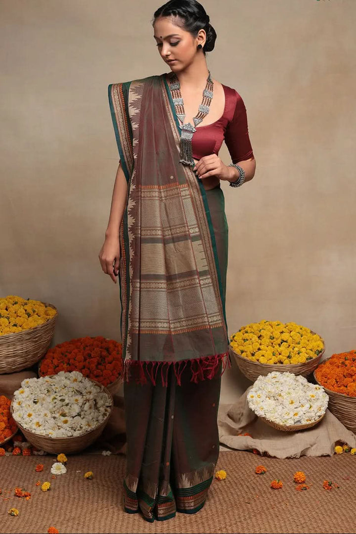 Maroon Handloom Pure Cotton Kanchi Saree | SHOBITAM