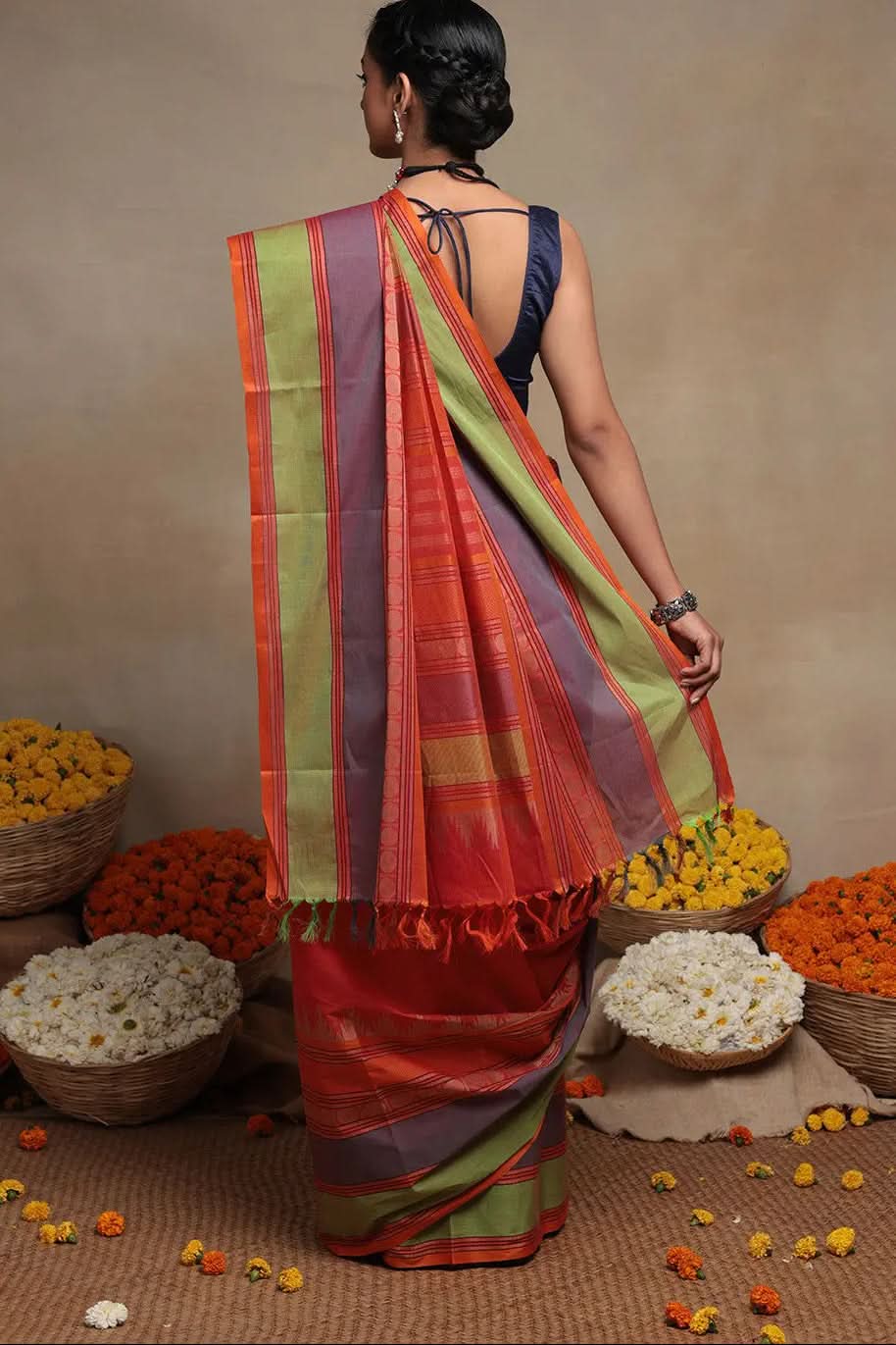 Handloom Royal Orange Pure Cotton Kanchi Saree | SHOBITAM