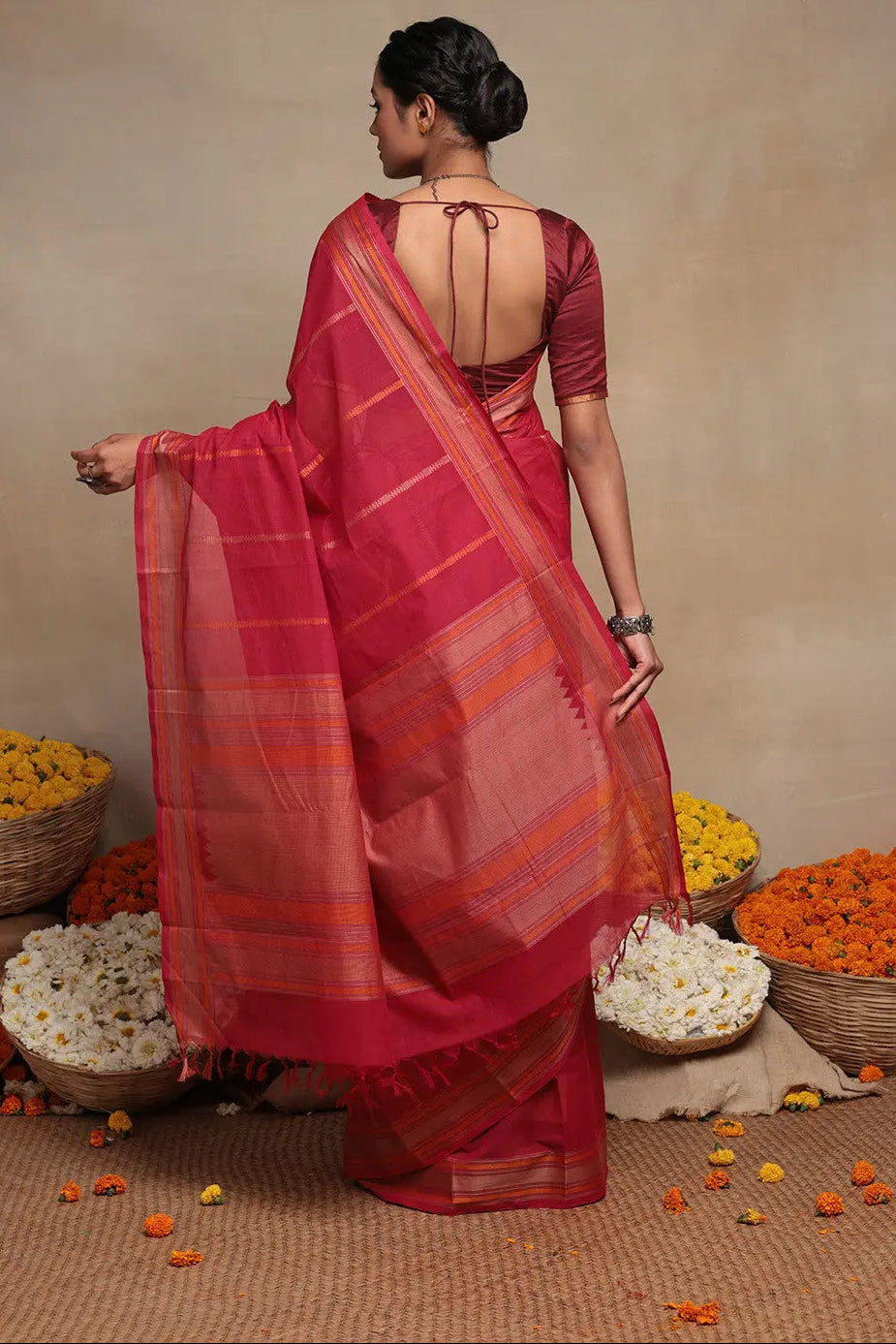 Magenta Handloom Kanchi Cotton Saree With Stripes | SHOBITAM