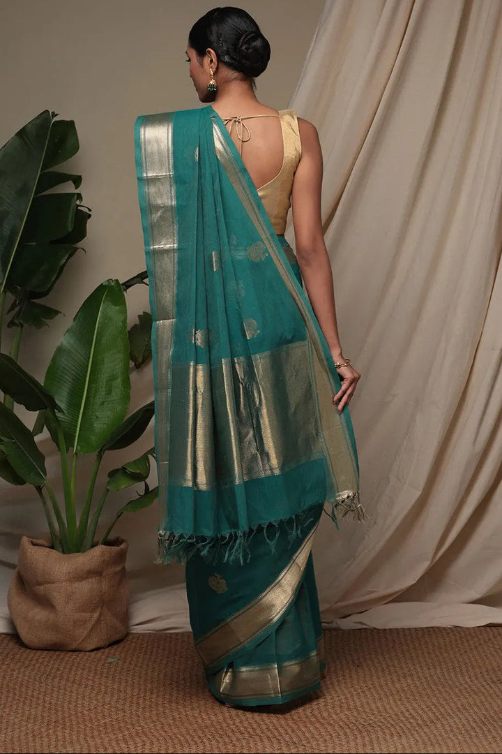 Handloom Jade Green Pure Cotton Kanchi Saree With Zari Border And Motifs | SHOBITAM