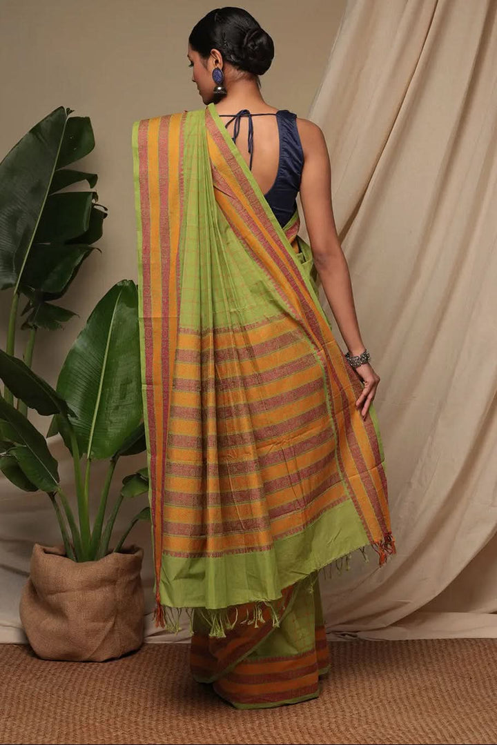 Handloom Parrot Green Pure Cotton Kanchi Saree With Generous Border | SHOBITAM