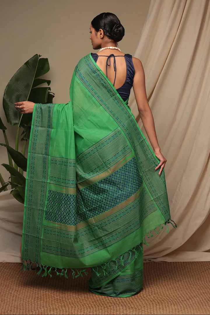 Green Pure Cotton Handloom Kanchi Saree | SHOBITAM