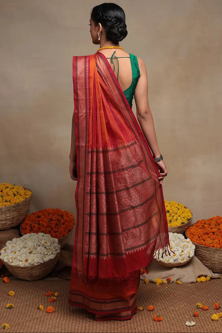Handloom Orange & Red Pure Cotton Kanchi Saree | SHOBITAM