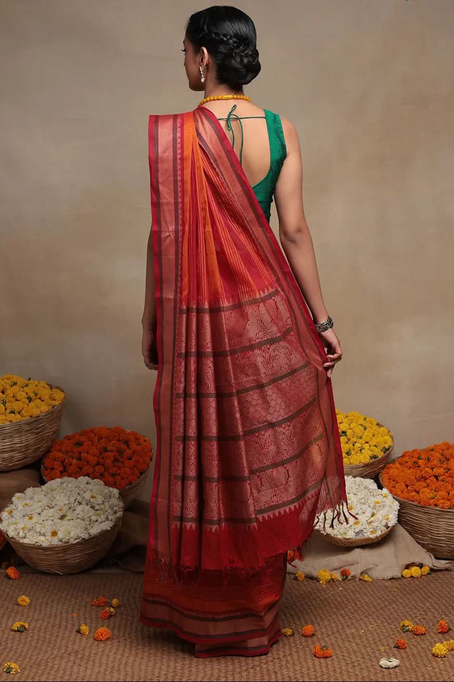 Handloom Orange & Red Pure Cotton Kanchi Saree | SHOBITAM