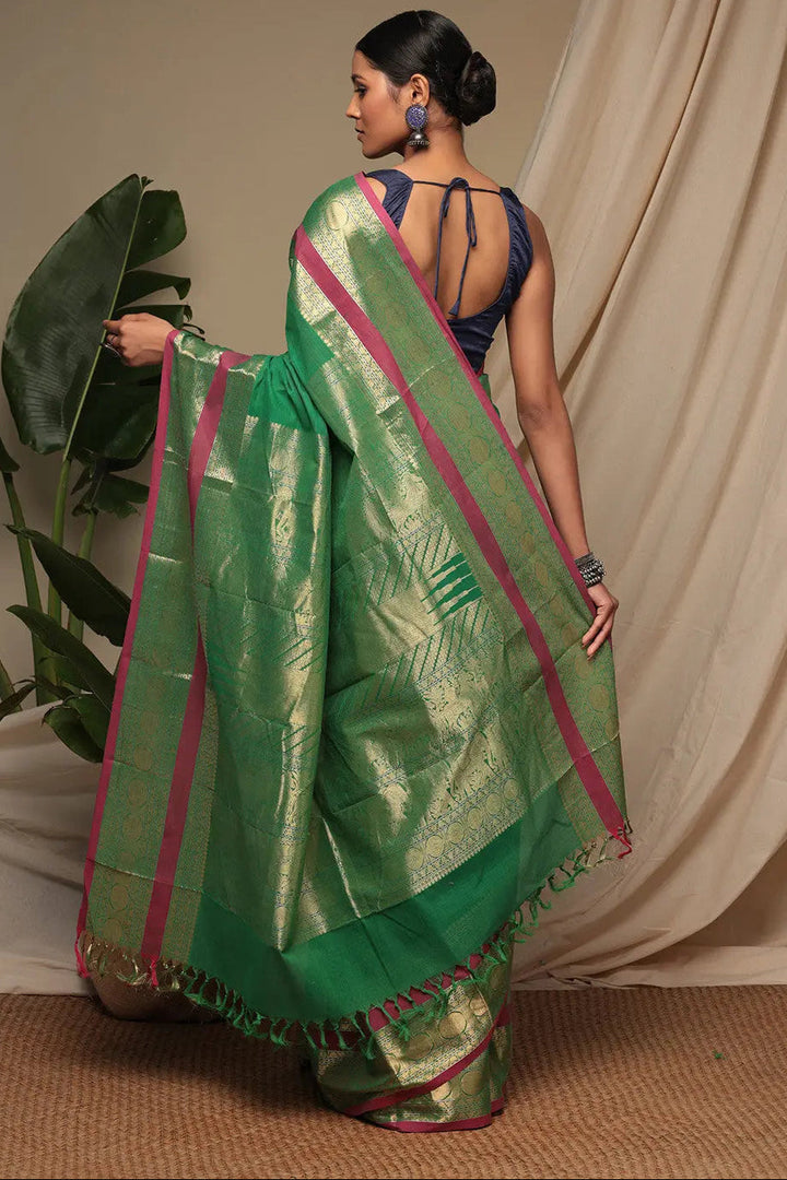 Handloom Forest Green Kanchi Cotton Saree With Exquisite Gold Zari Border & Pallu | SHOBITAM