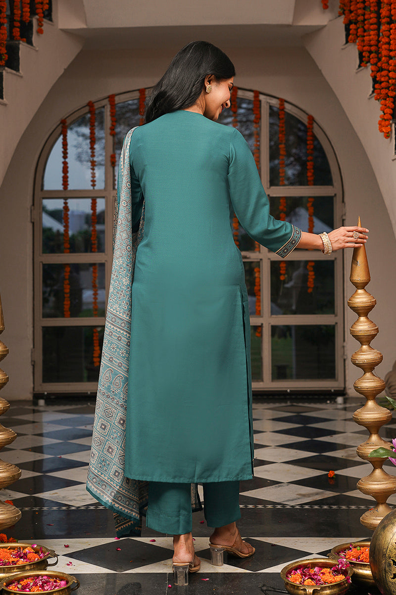 Teal Rayon Blend Ajrakh Printed Straight Kurta Trousers With Dupatta | SHOBITAM