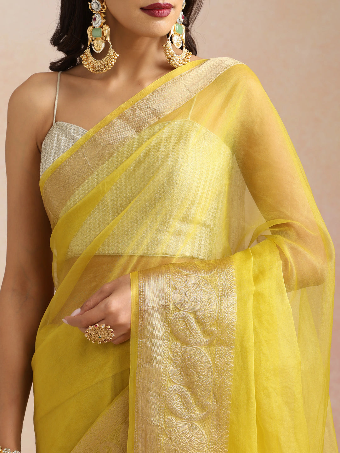 Lime Organza Saree With Unstitched Blouse| SHOBITAM