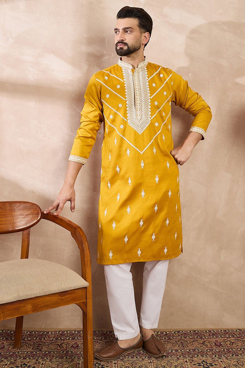 Yellow Silk Blend Ethnic Motifs Embroidered Straight Kurta | SHOBITAM