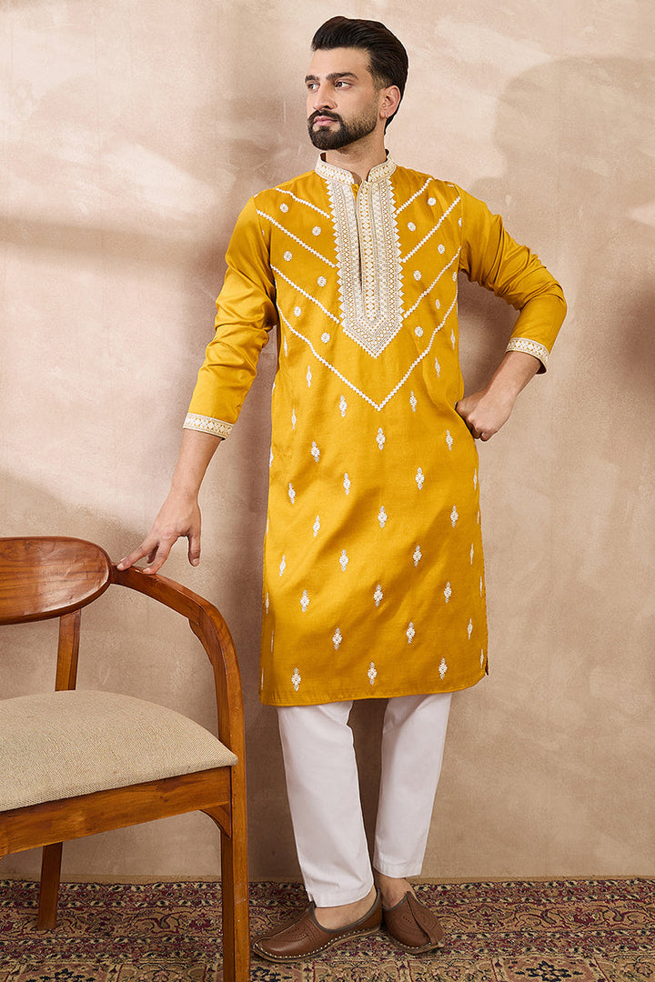 Yellow Silk Blend Ethnic Motifs Embroidered Straight Kurta | SHOBITAM