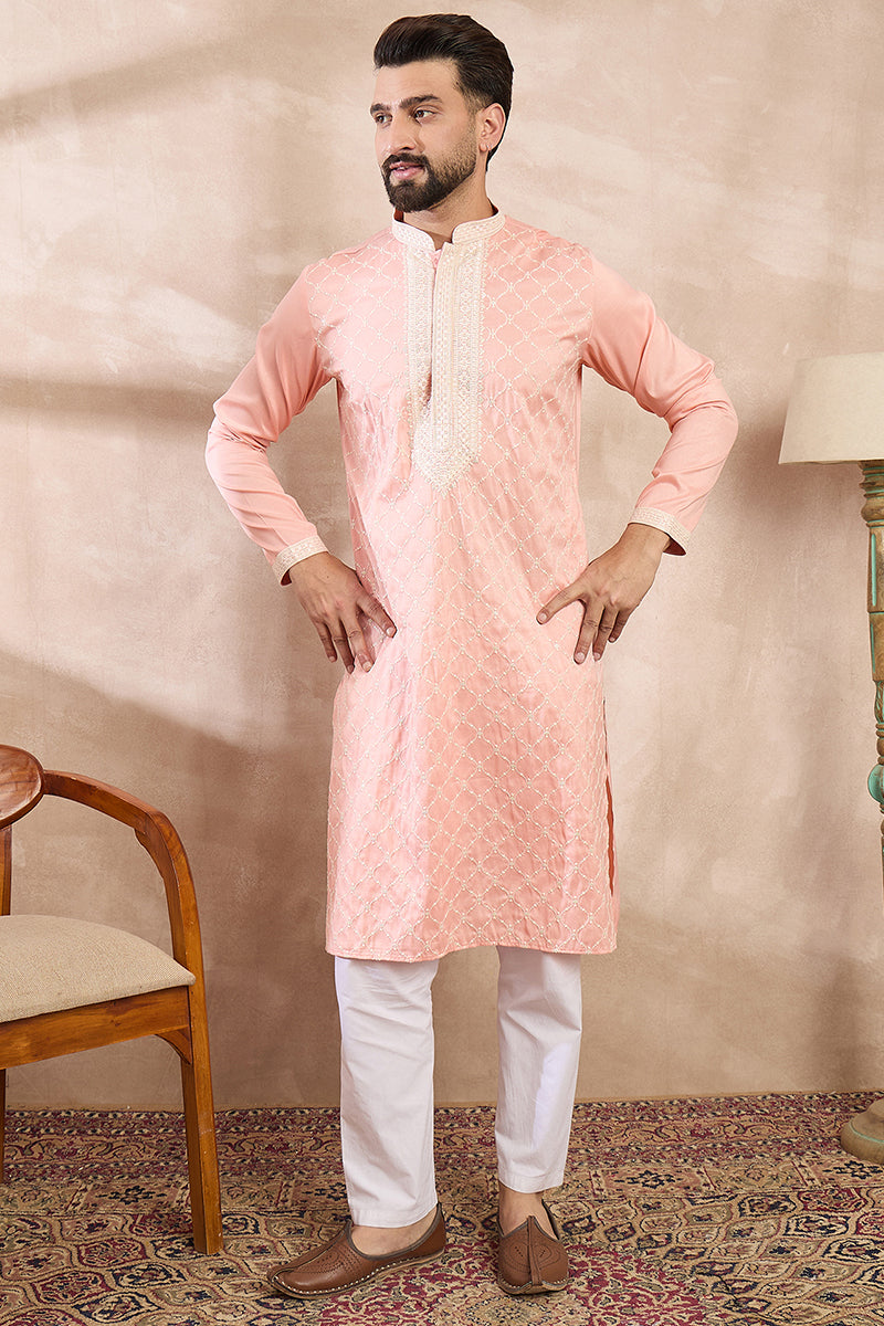 Pink Silk Blend Embroidered Mandarin Collar Straight Kurta  | SHOBITAM