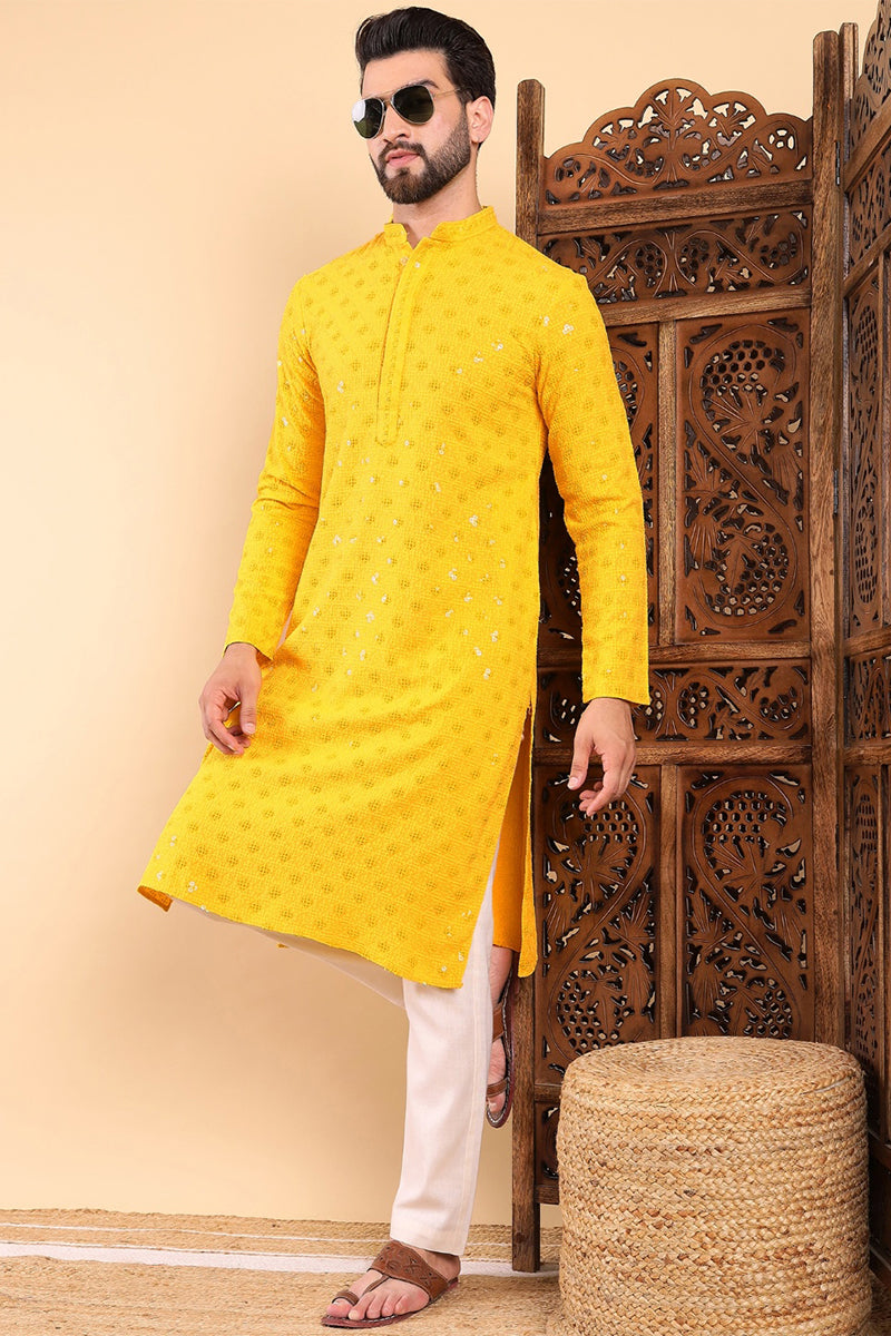 Yellow Viscose Rayon Solid Embroidered Straight Kurta For Men | SHOBITAM