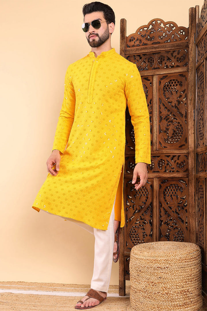 Yellow Viscose Rayon Solid Embroidered Straight Kurta For Men | SHOBITAM