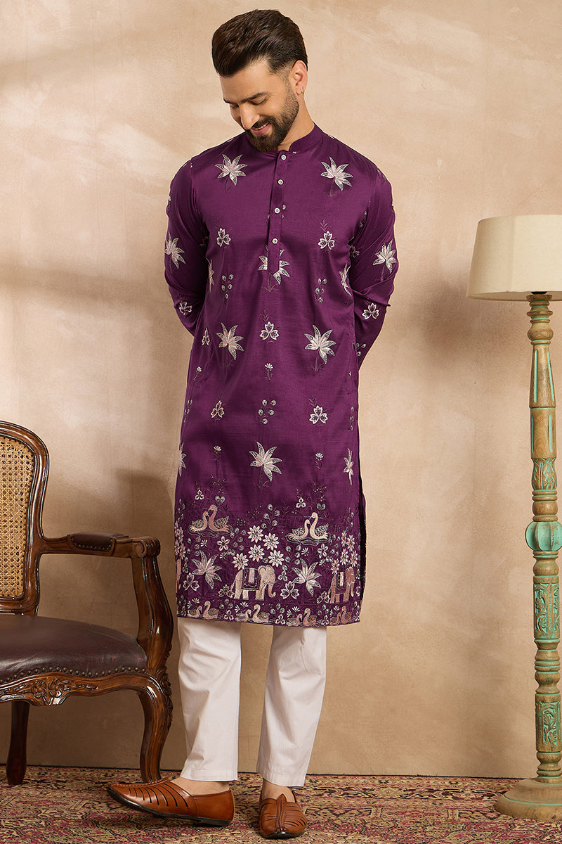 Purple Polyester Solid Embroidered Straight Kurta With Trouser | SHOBITAM