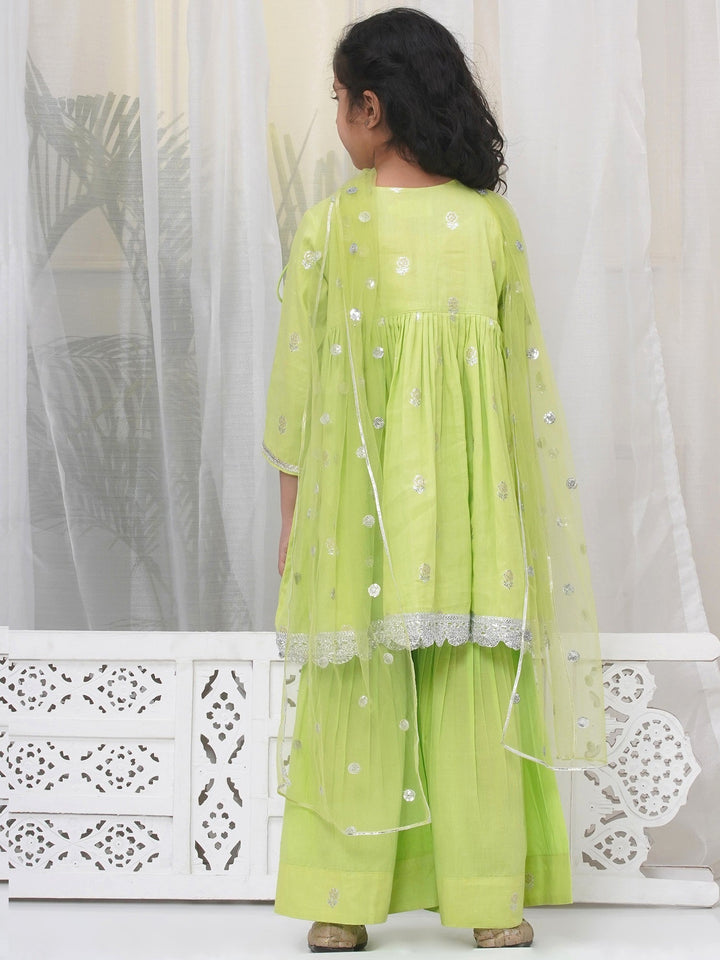 Girls Cotton Three Fourth Sleeves Angrakha Kurta with Sharara and Net Dupatta with Rose & Petal Design Zari Work -Green | SHOBITAM