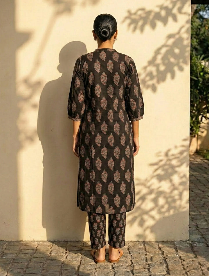 Black Boota Print Angrakha Kurta Pant Dupatta Set | SHOBITAM