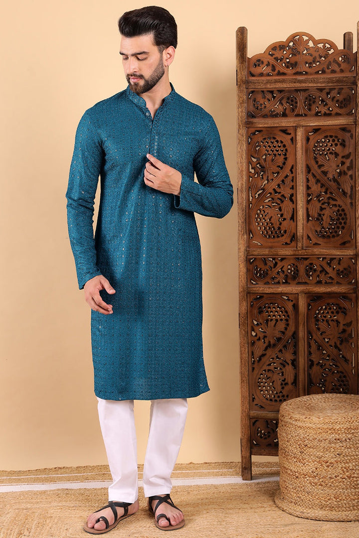 Teal Viscose Rayon Solid Embroidered Straight Kurta For Men| SHOBITAM