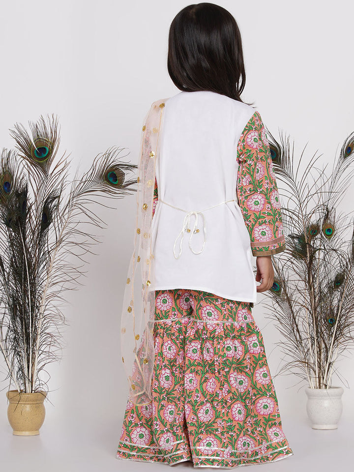 Girls Floral Embroidery Kurta with Floral Sharara & Dupatta- Orange Pink & White | SHOBITAM