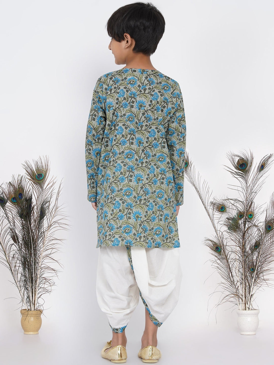 Boys Floral Kurta with Pearl Buttons and Dhoti in Sea Green and Cream  | SHOBITAM