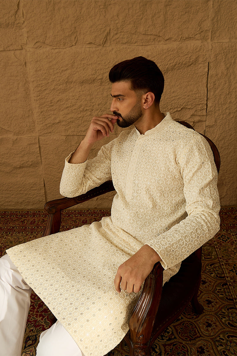 Off White Cotton Solid Printed Straight Kurta with Trouser | SHOBITAM