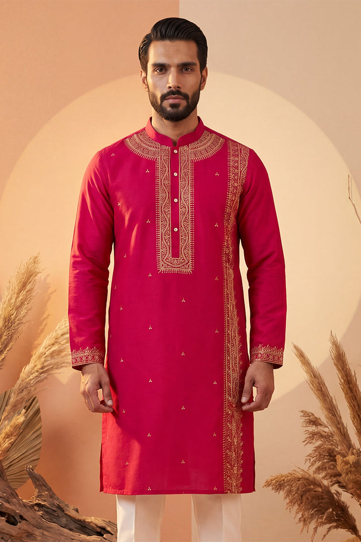 Mens Pink Silk Blend Solid Emboidered Straight Kurta With Trouser | SHOBITAM