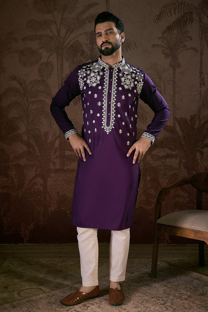 Purple Silk Blend Solid Embroidered Straight Kurta | SHOBITAM
