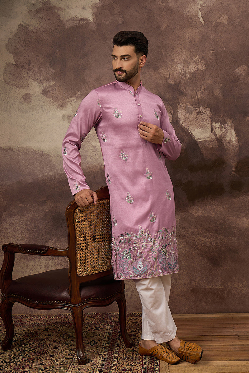 Pink Silk Blend Solid Embroidered Straight Kurta with Trouser | SHOBITAM