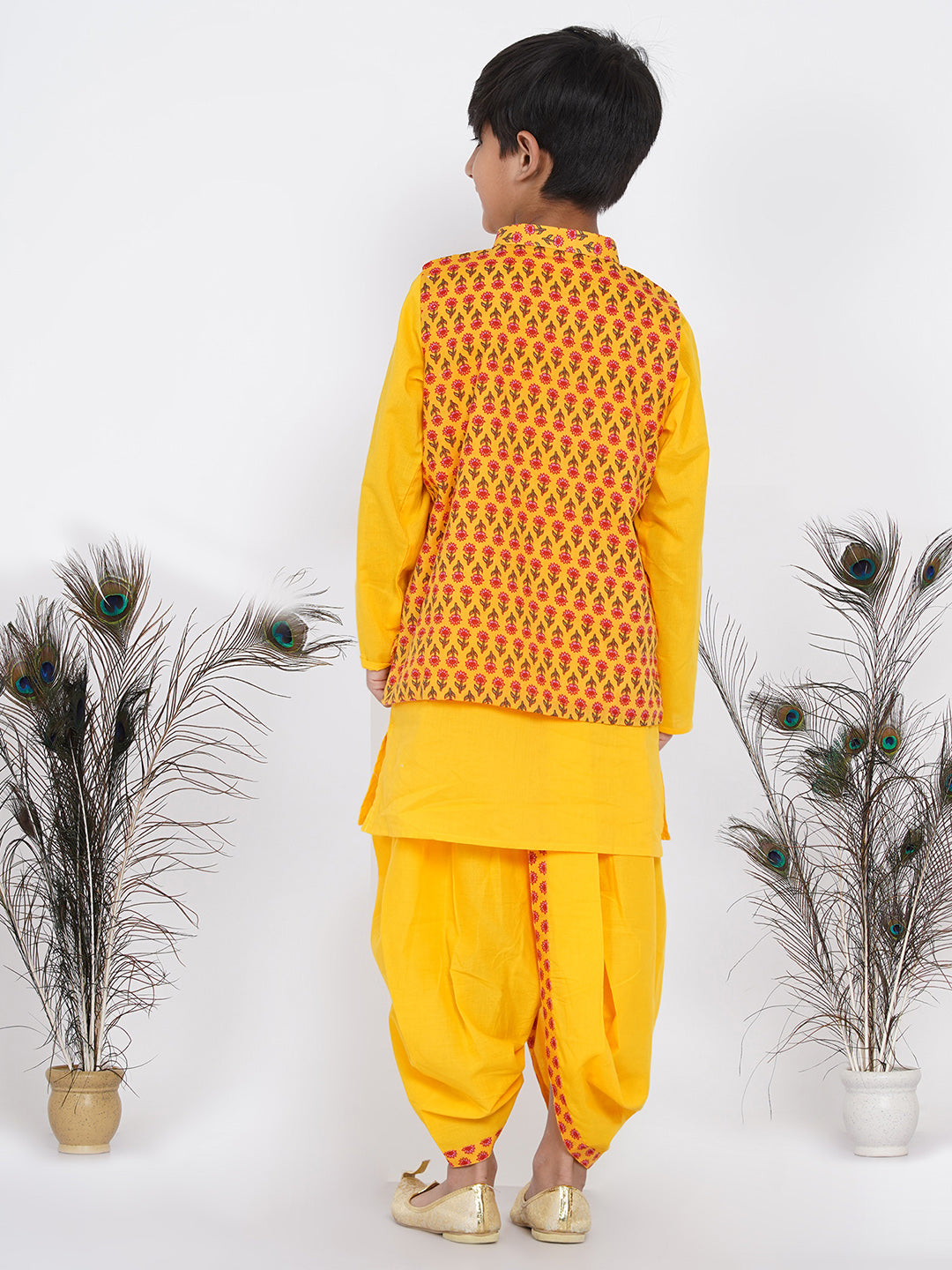 Boys Floral Jacket with Kurta and Dhoti in Yellow  | SHOBITAM