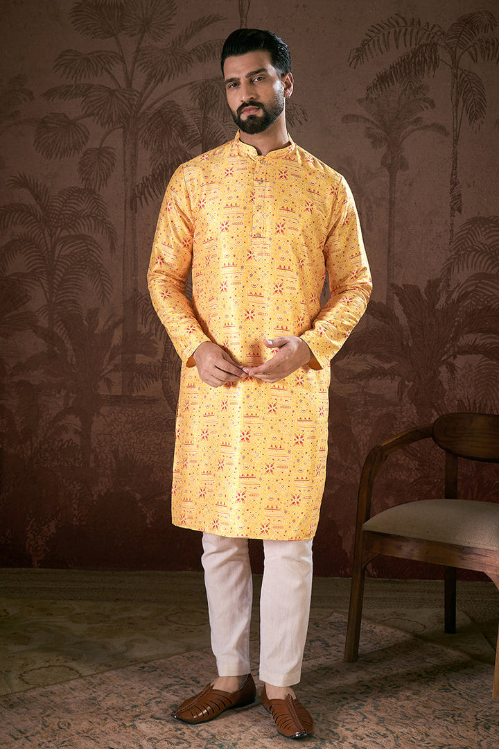 Yellow Silk Blend Ethnic Motifs Printed Straight Kurta For Men | SHOBITAM