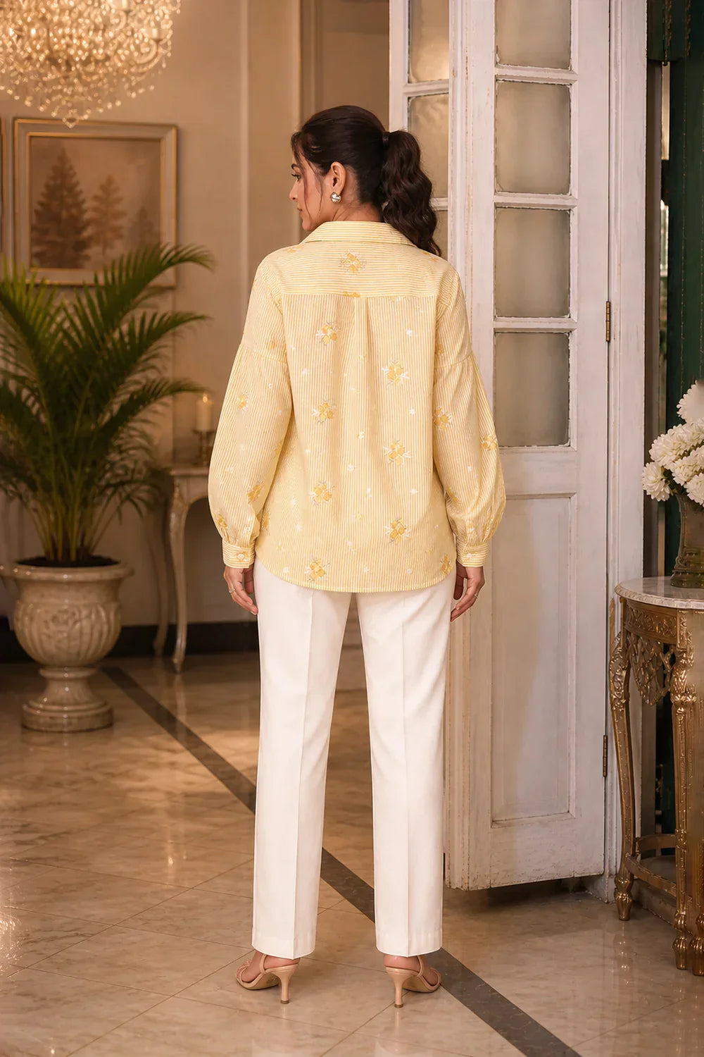 Pastel Yellow Pure Cotton Embriodered Shirt | SHOBITAM