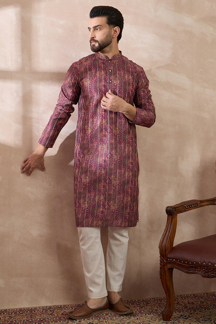 Purple Silk Blend Printed Mandarin Collar Straight Kurta | SHOBITAM