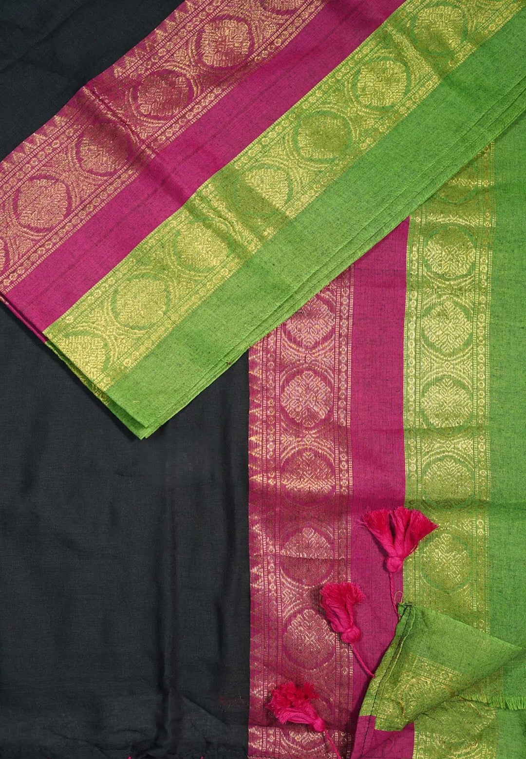 Jet Black Mul cotton Saree with 2 colors Border | SHOBITAM