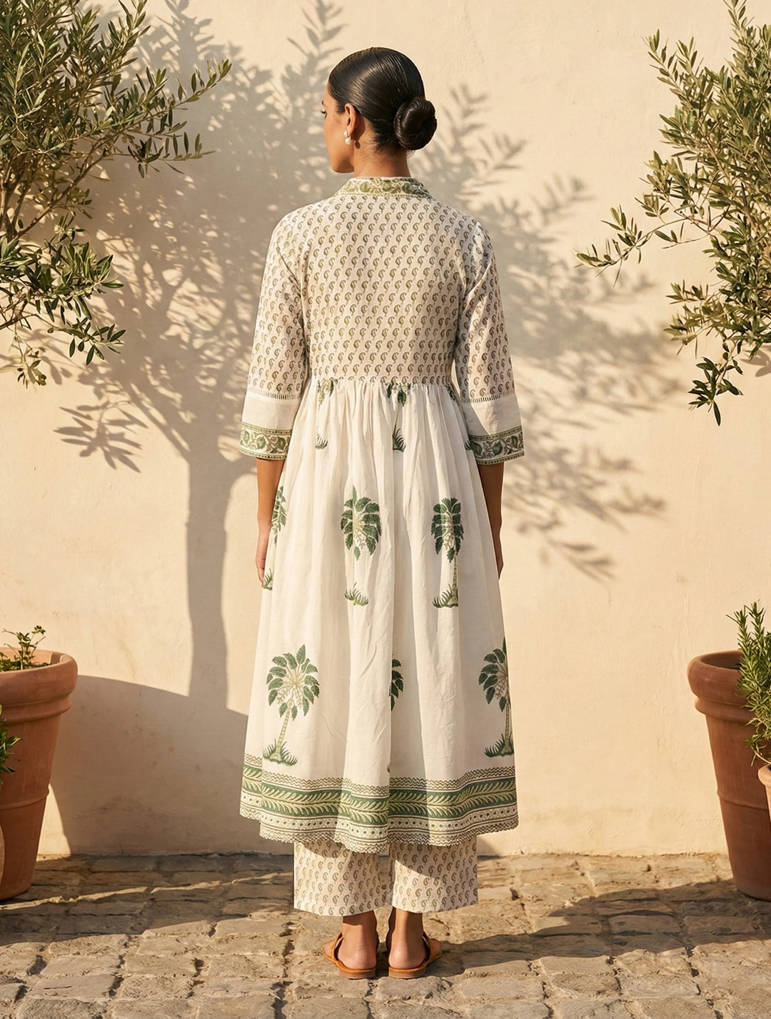 White Green Printed Anarkali Kurta Pant Dupatta Set | SHOBITAM