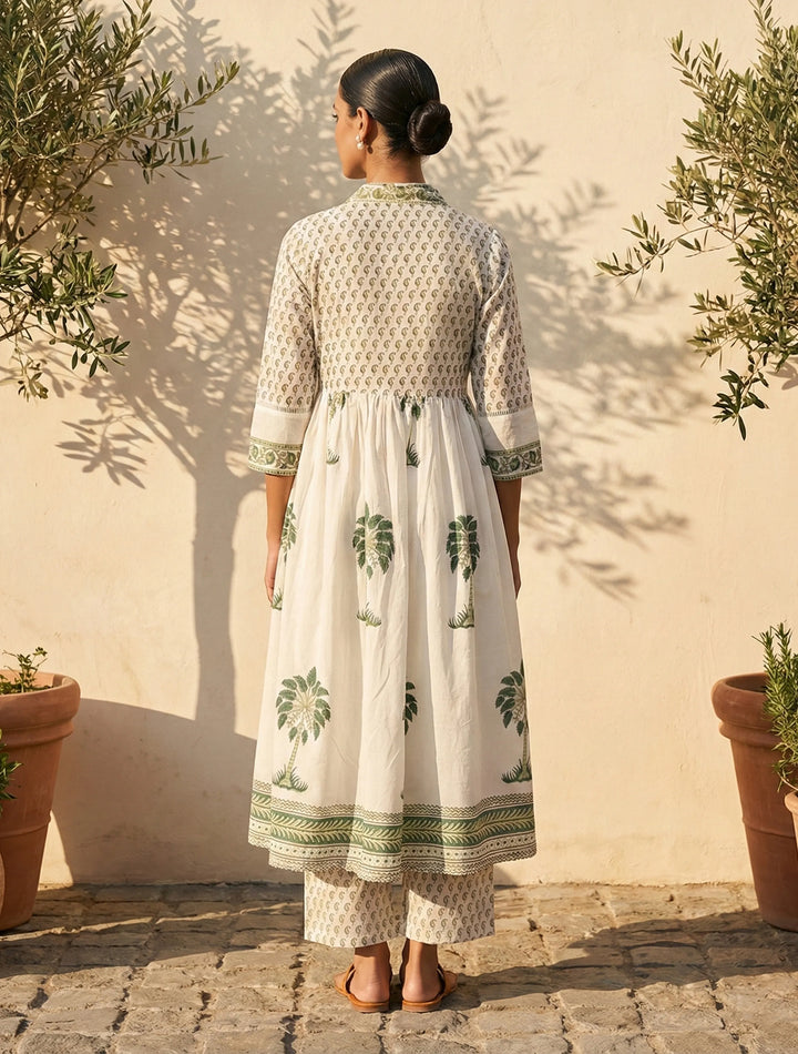 White Green Printed Anarkali Kurta Pant Dupatta Set | SHOBITAM