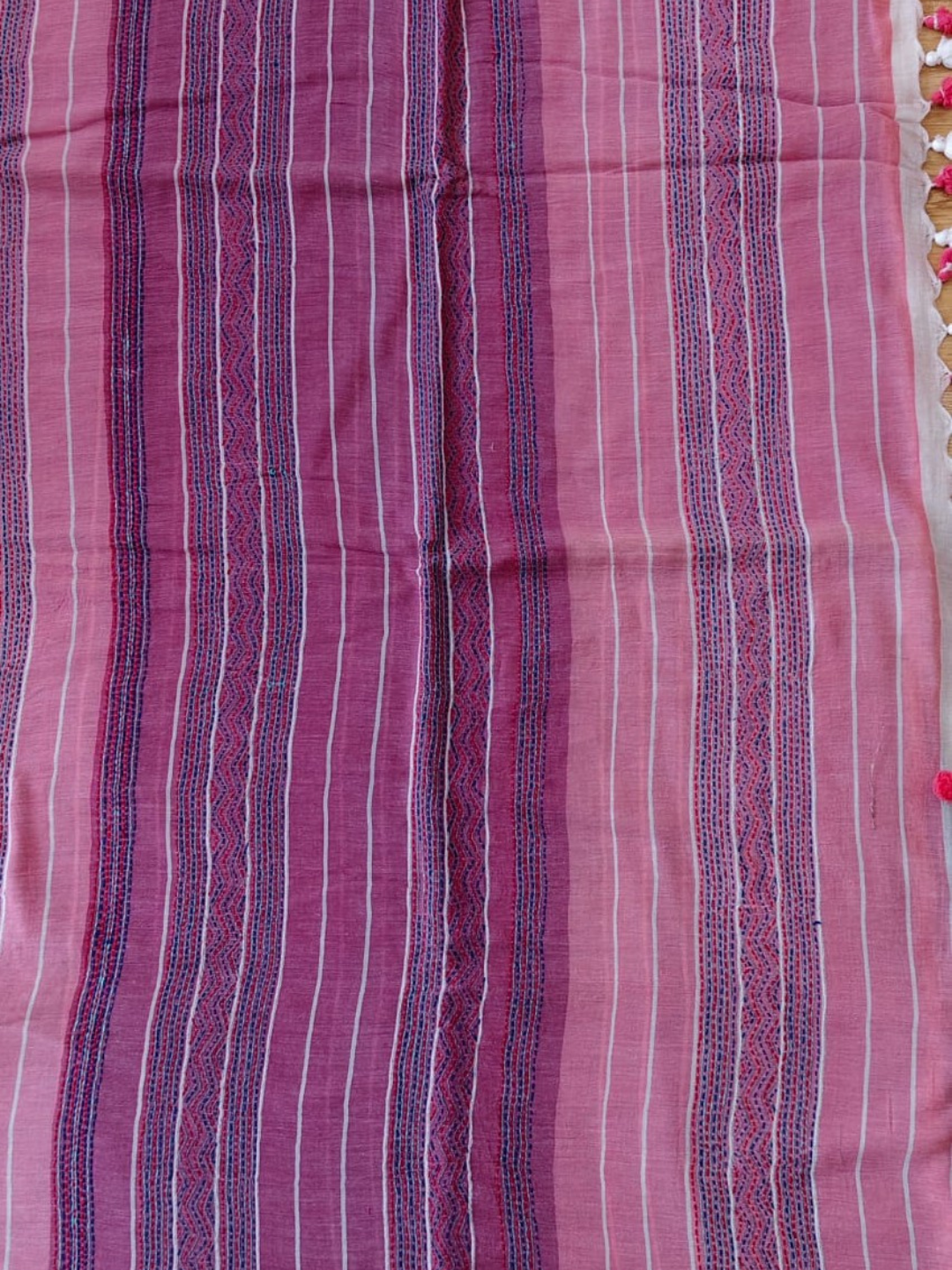 Grey Pink Striped Cotton Handloom Kantha Stitch Saree | SHOBITAM