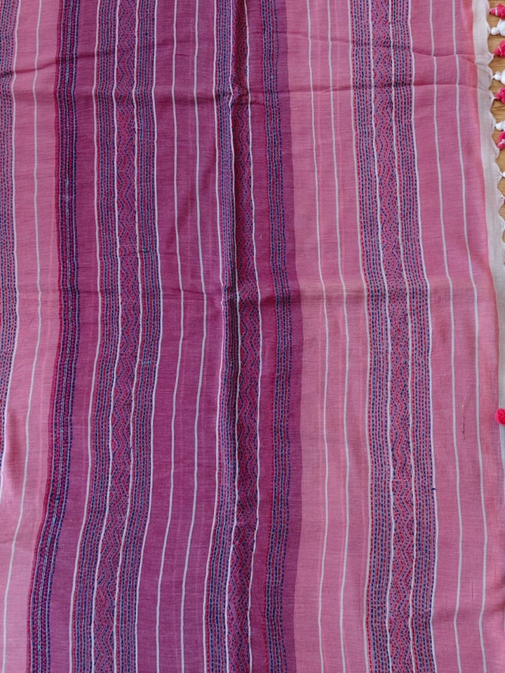 Grey Pink Striped Cotton Handloom Kantha Stitch Saree | SHOBITAM