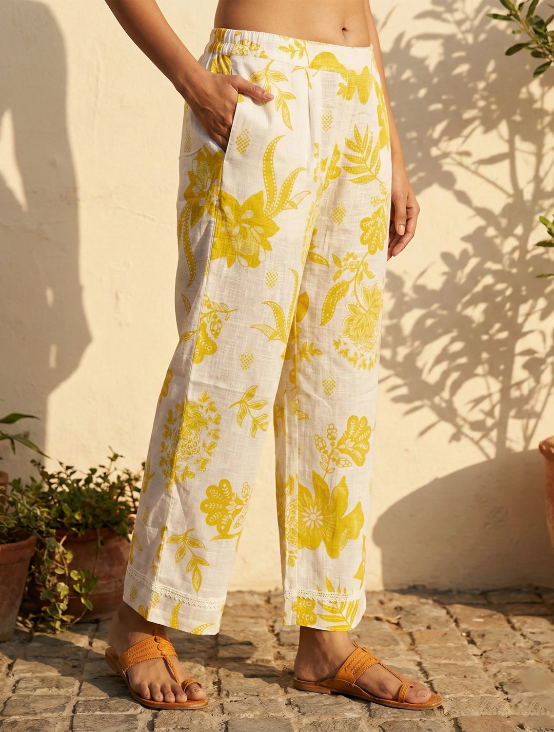 White Yellow Floral Print Kurta Pant Set | SHOBITAM