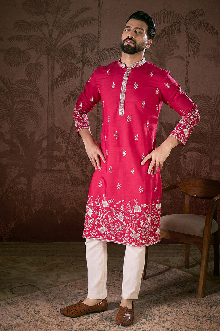 Pink Silk Blend Solid Embroidered Straight Kurta For Men | SHOBITAM