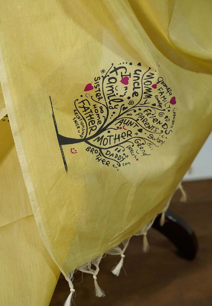 Butter Yellow Family Treehand block print Bamboo Cotton Saree | SHOBITAM